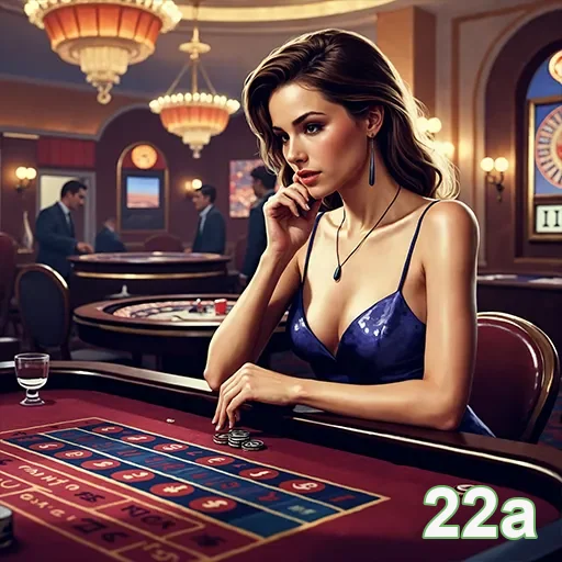 Imagem de um cassino elegante no site 22a, com jogos de azar e ambiente sofisticado.