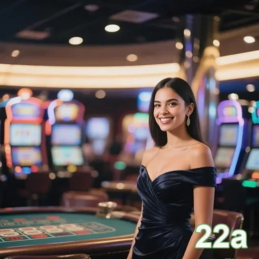 Imagem de um cassino vibrante para o site 22a, com luzes e jogos de azar.