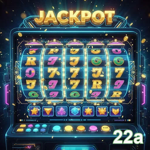 Imagem de uma máquina de slots no site 22a, mostrando frutas coloridas e símbolos de sorte.